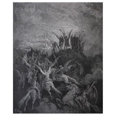 Grande estampe ancienne originale de Gustave Doré, " Les anges rebelles convoqués... "