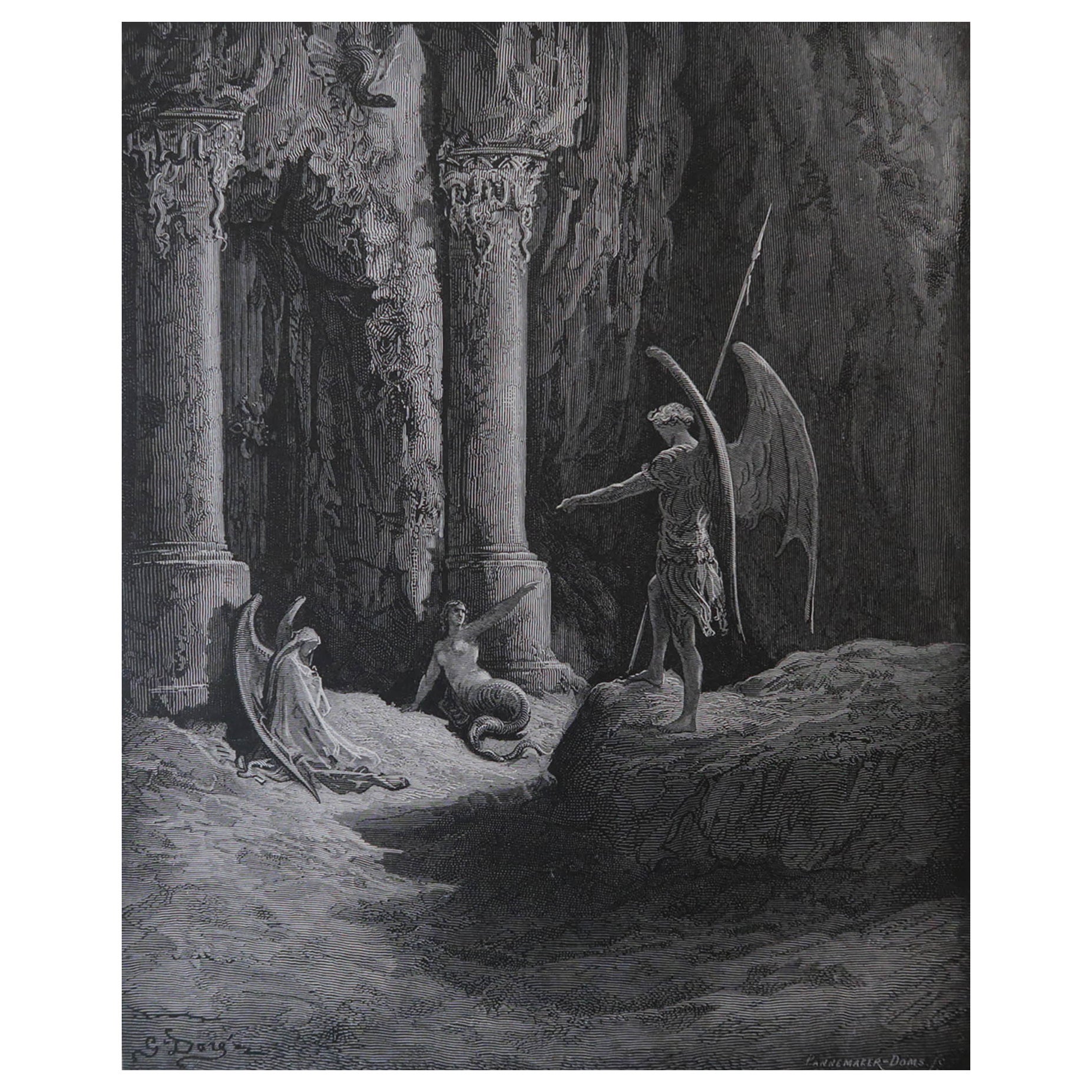 Large Original Antique Print By Gustave Doré, " Satan At The Gates of Hell "