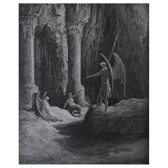 Large Original Antique Print By Gustave Doré, " Satan At The Gates of Hell "