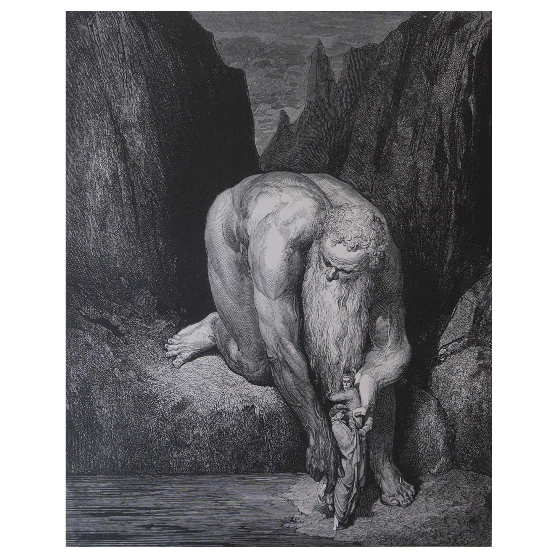 Grande stampa originale antica di Gustave Doré, "Il gigante Antaeus".