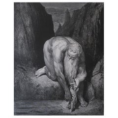 Grande stampa originale antica di Gustave Doré, "Il gigante Antaeus".