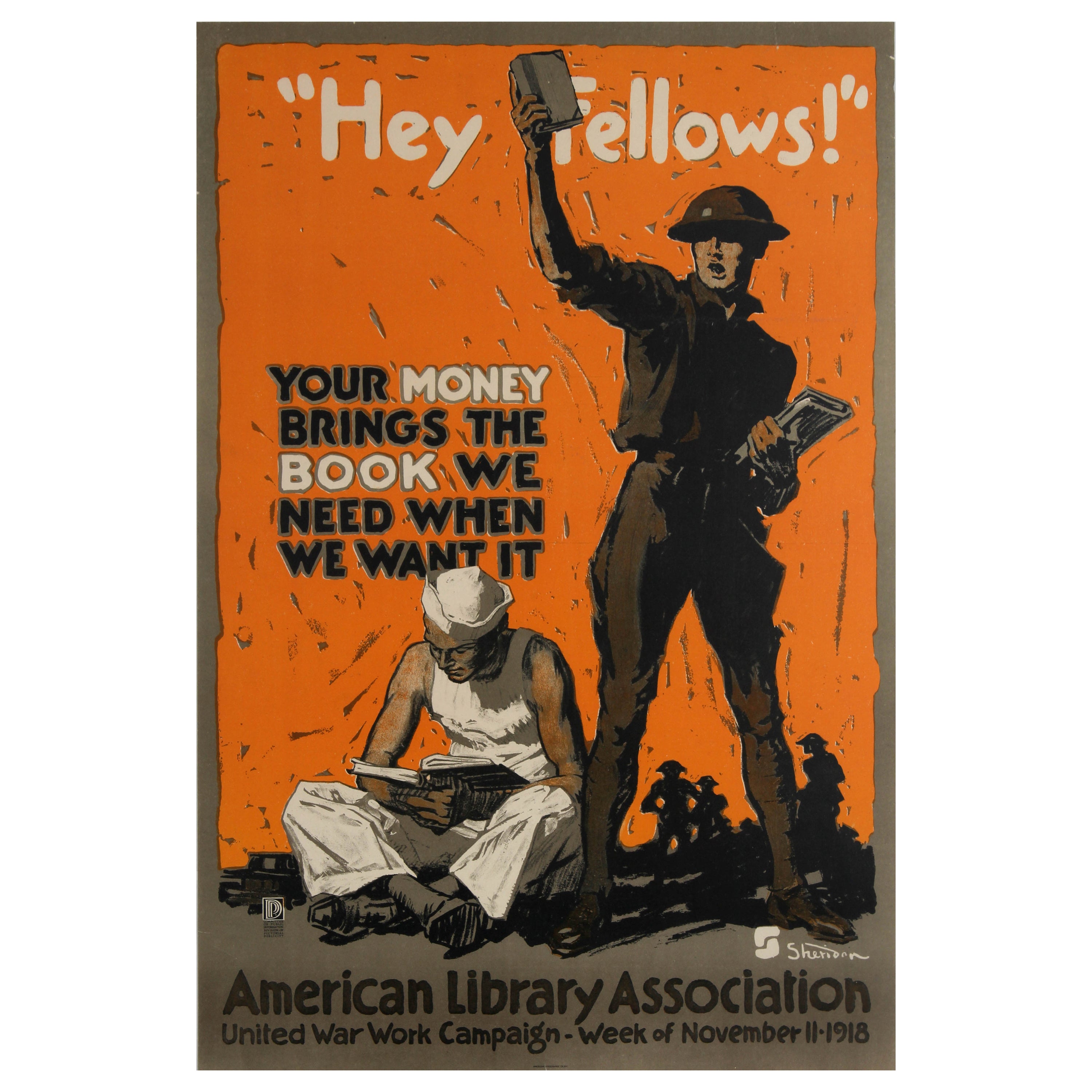 Original Antique War Poster Hey Fellows Books American Library Association WWI For Sale
