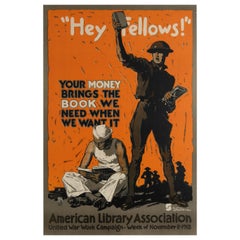 Original Antikes Kriegsplakat Hey Fellows Books, American Library Association, WWI, Original