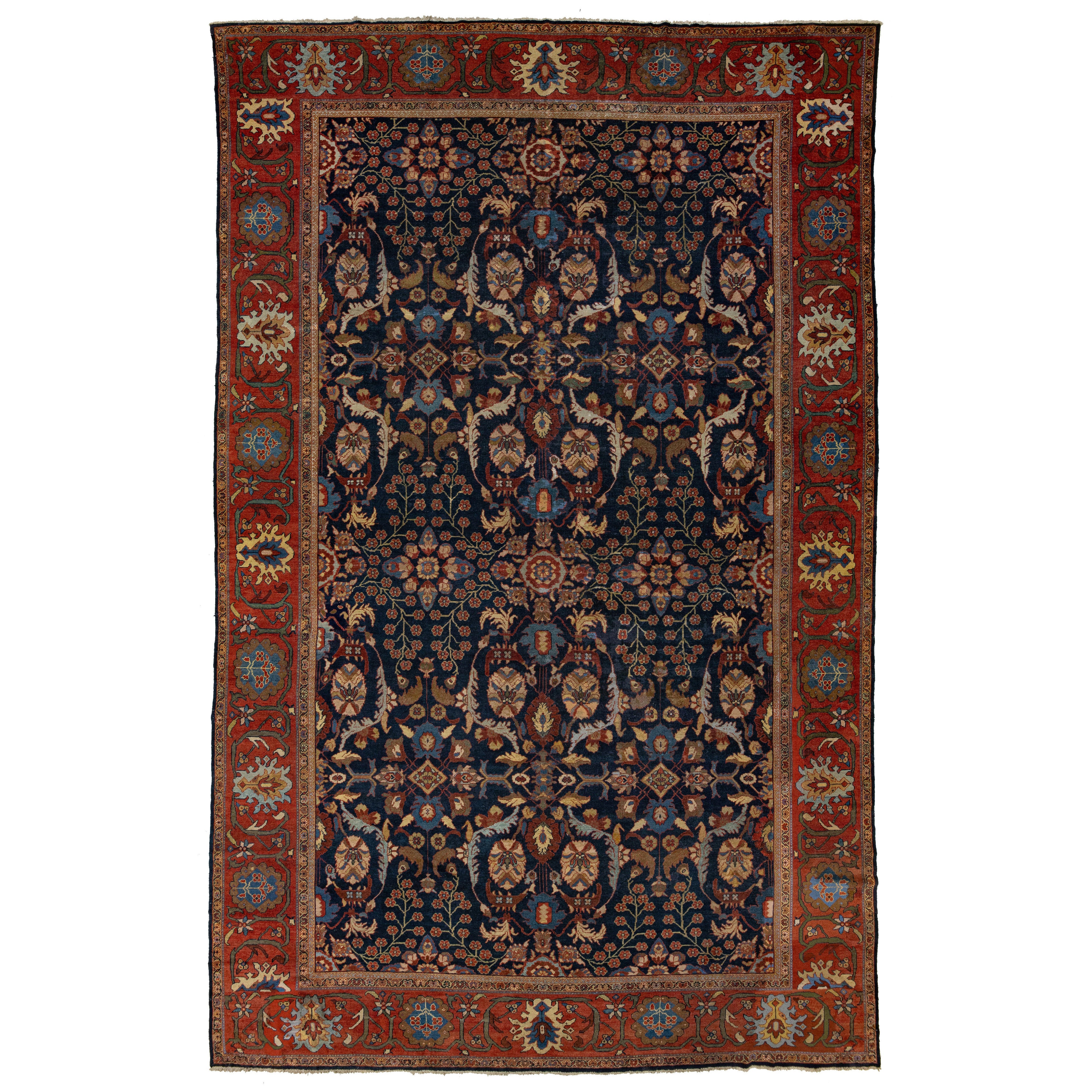 1880s Antique Floral Persian Sultanabad Wool Rug In Dark Blue