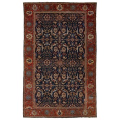 1880s Antique Floral Persian Sultanabad Wool Rug In Dark Blue