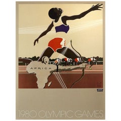 Póster deportivo vintage original Levi's Moscú 1980 Juegos Olímpicos África Runner