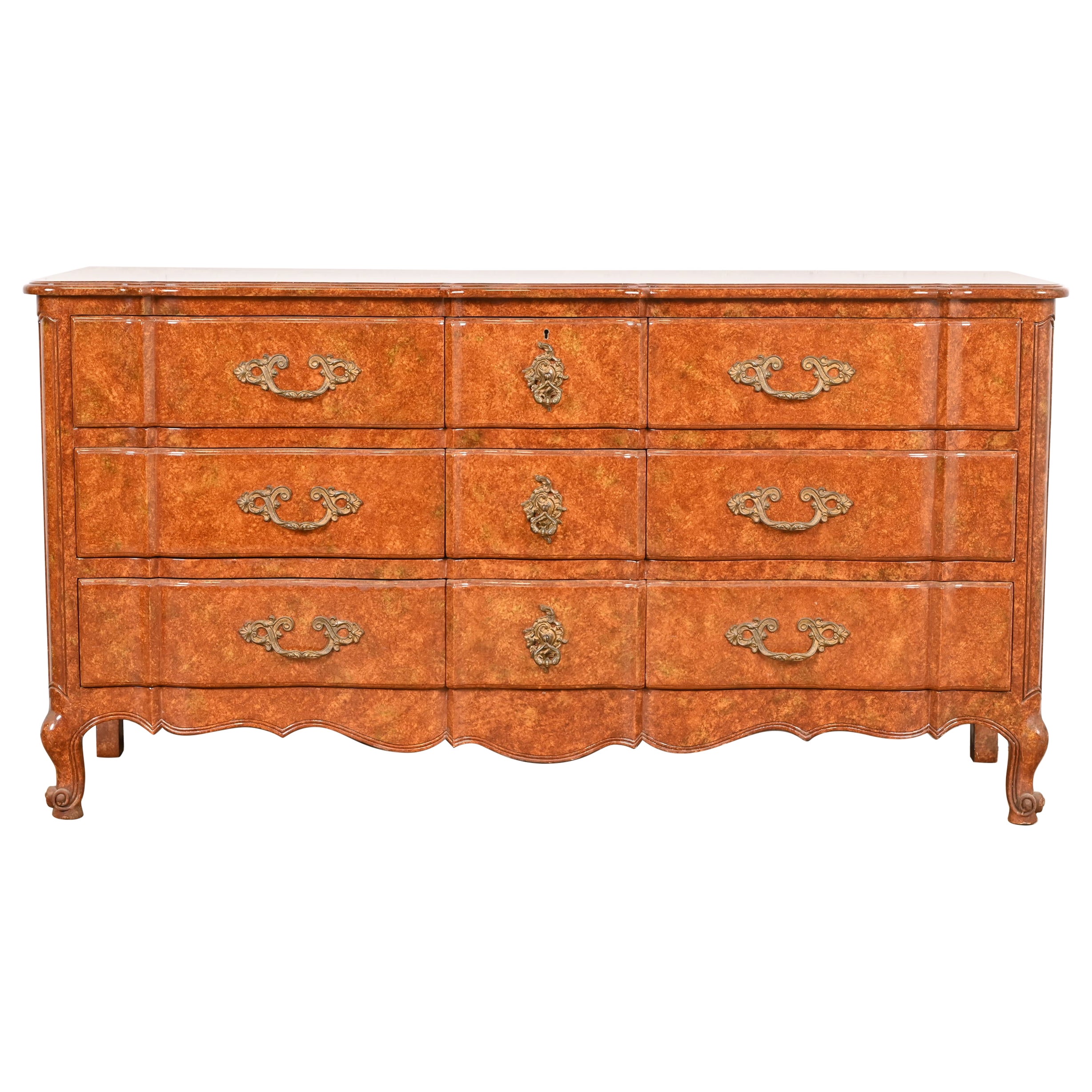 Don Ruseau French Provincial Louis XV Faux Burl Wood Painted Triple Dresser