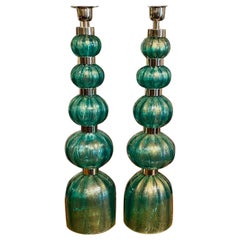 Pair of Murano Green and Gold Lamps