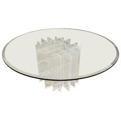 Mid-Century Round Glass Top Coffee Table with Two-Part Lucite Base