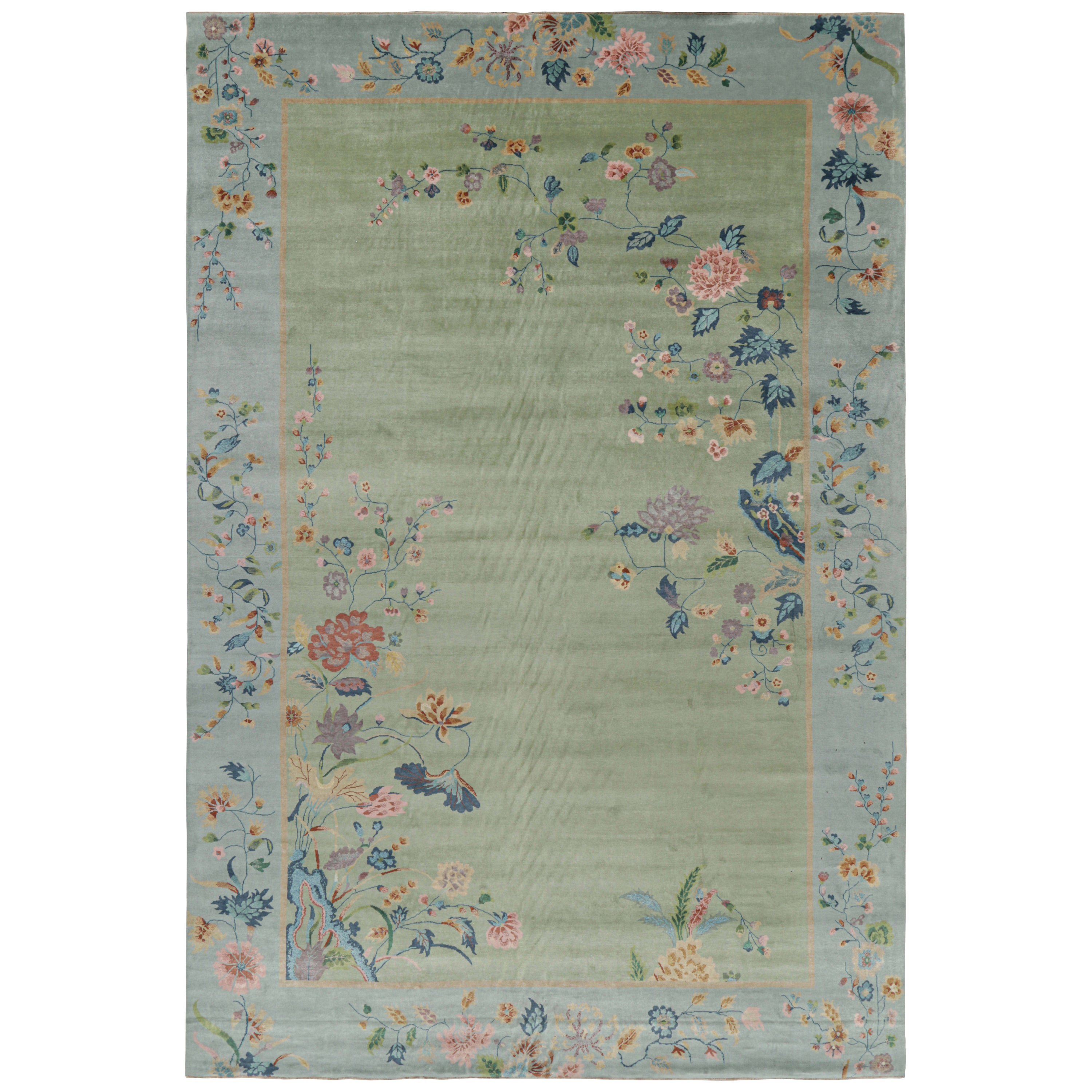 Rug & Kilim’s Oversized Chinese Art Deco Style Floral Rug in Green and Blue