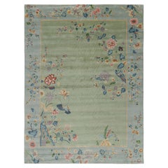 Rug & Kilim’s Oversized Chinese Art Deco Style Floral Rug in Green and Blue