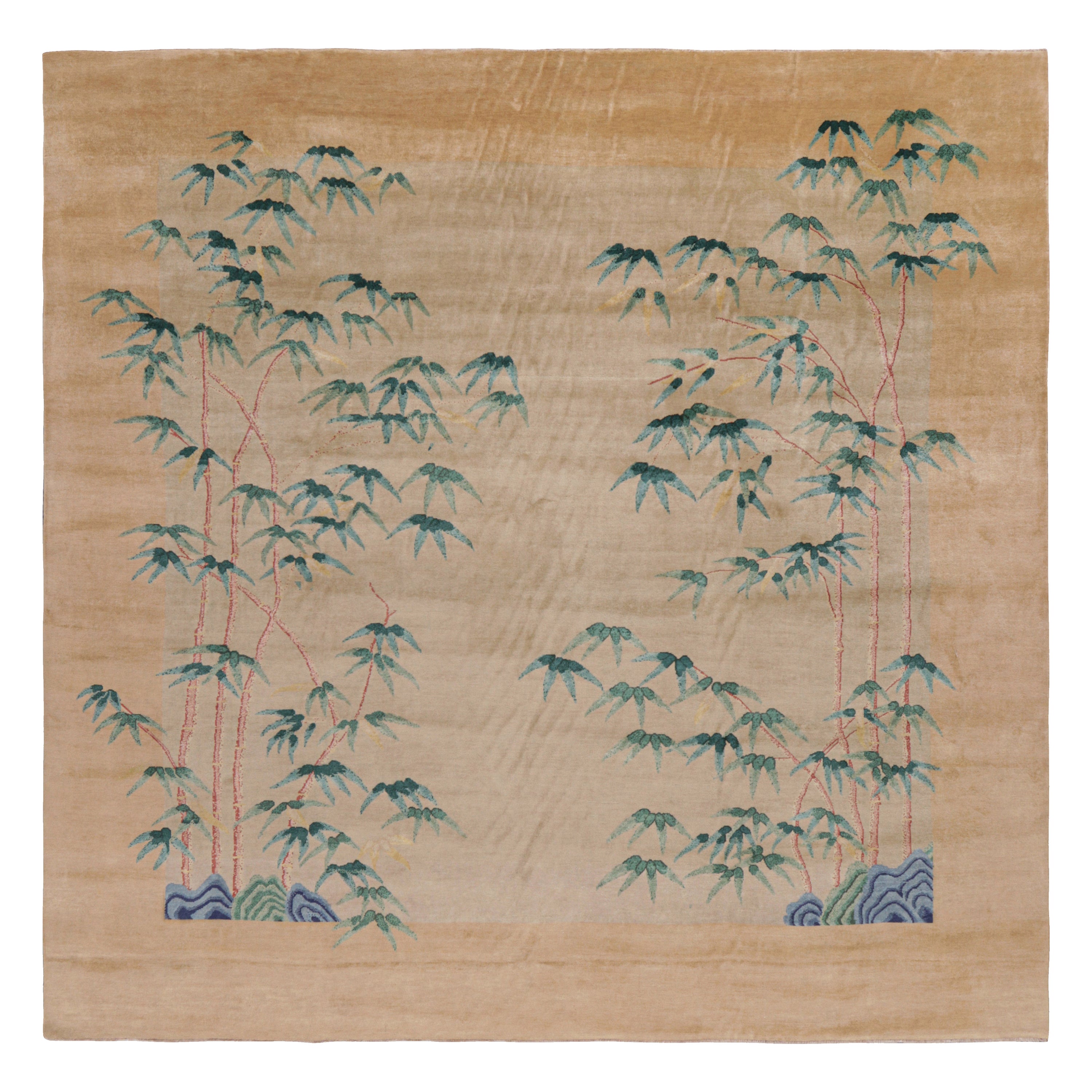 Rug & Kilim’s Oversized Chinese Art Deco Style Floral Square Rug in Beige