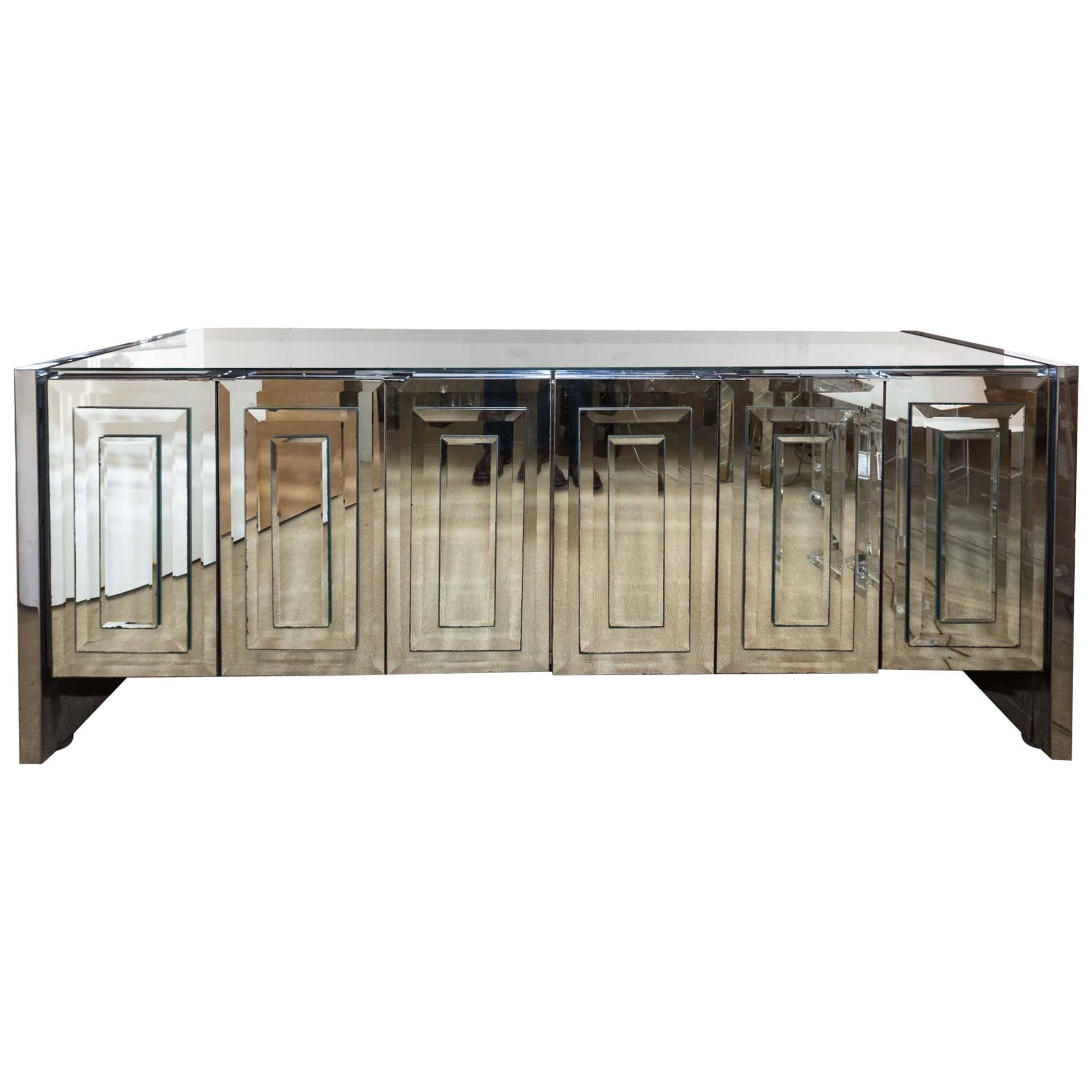 Fabulous Ello Six-Door Mirrored Credenza with Chrome Trim For Sale