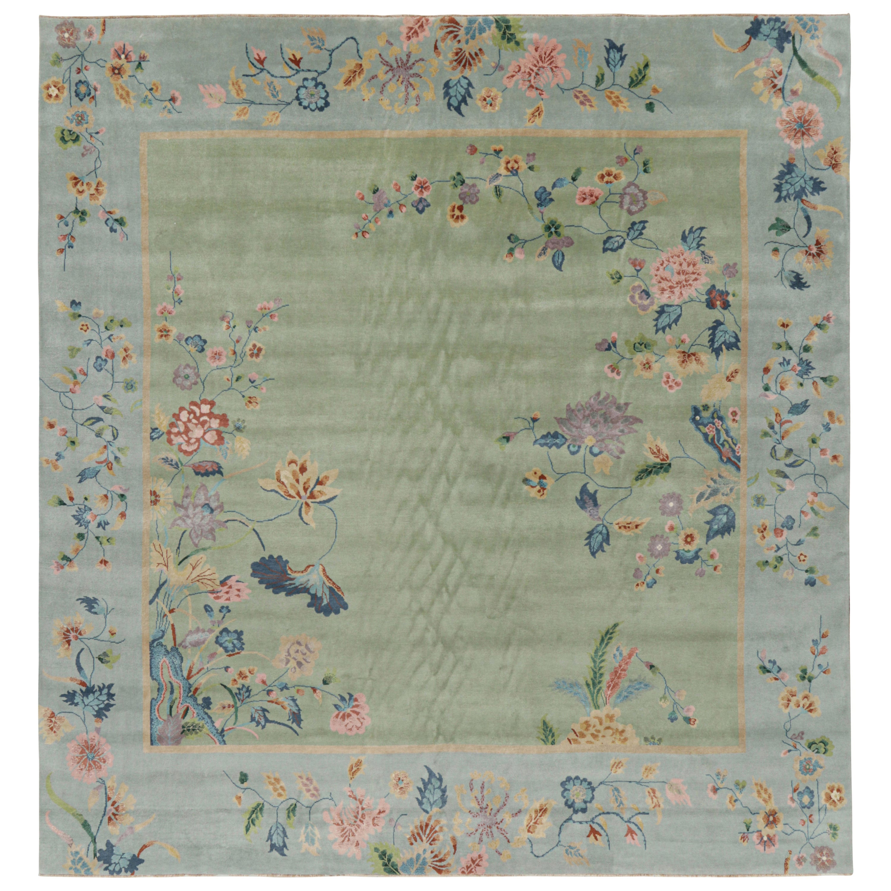 Rug & Kilim’s Oversized Chinese Art Deco Style Floral Square Rug in Green & Blue