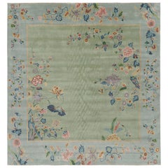Rug & Kilim’s Oversized Chinese Art Deco Style Floral Square Rug in Green & Blue