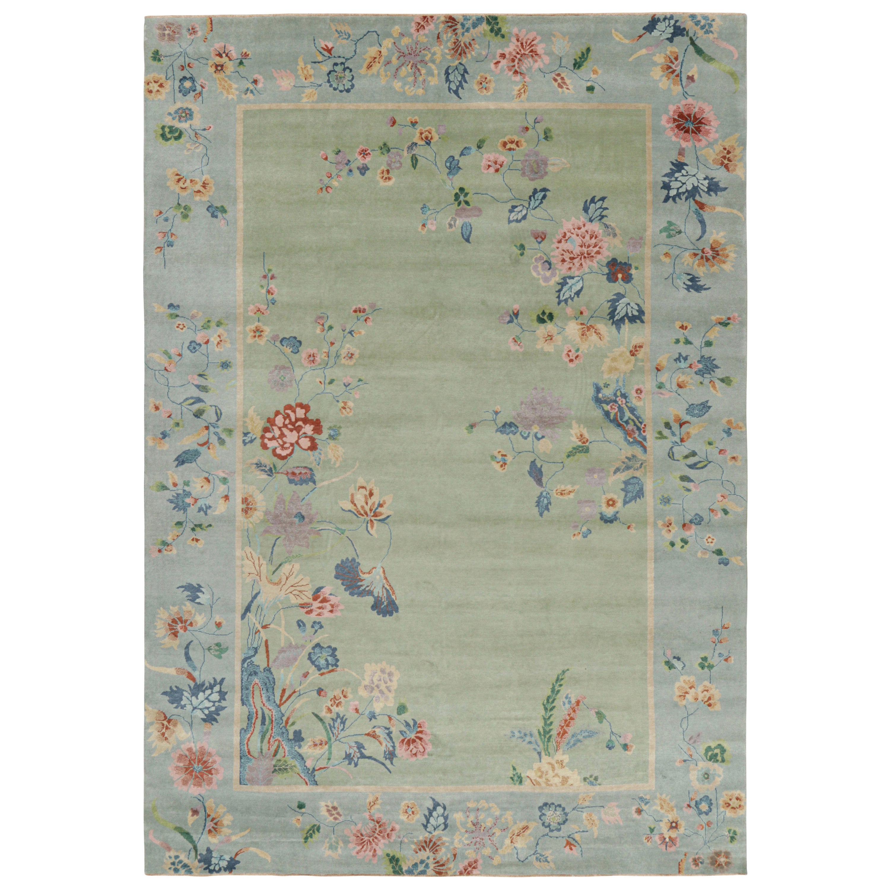 Rug & Kilim’s Oversized Chinese Art Deco Style Floral Rug in Green and Blue For Sale