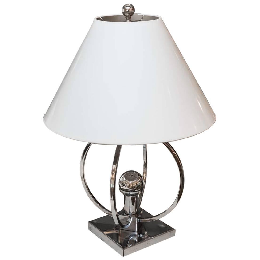Unusual Chrome Spherical Table Lamp with Custom Shade For Sale