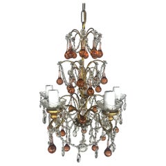 Five Light Amber Crystal Beaded Chandelier C. 1930's