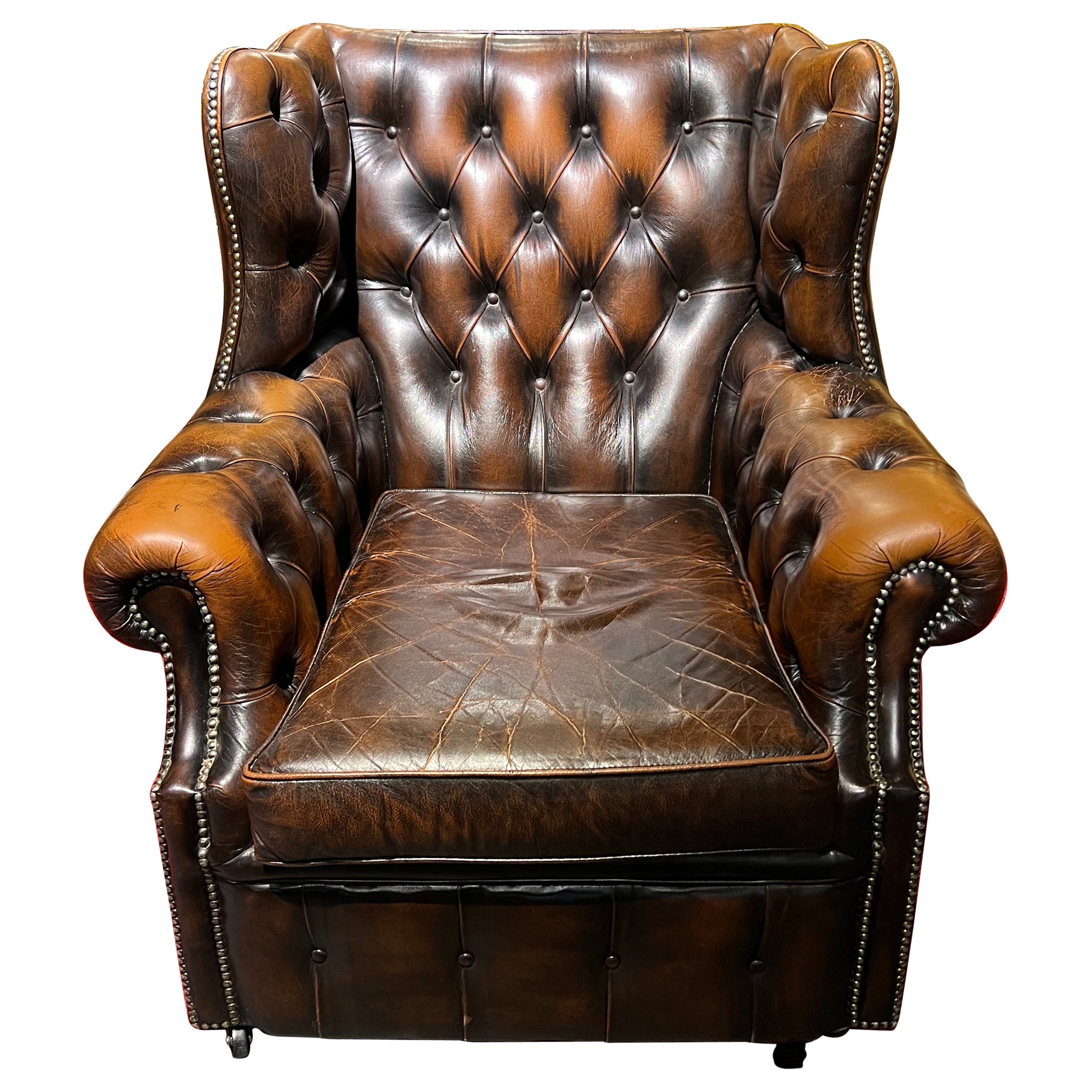 Chesterfield Vintage Brown Leather Wingback Georgian Armchair with Horse hair