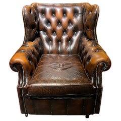 Chesterfield Vintage Brown Leather Wingback Georgian Armchair with Horse hair