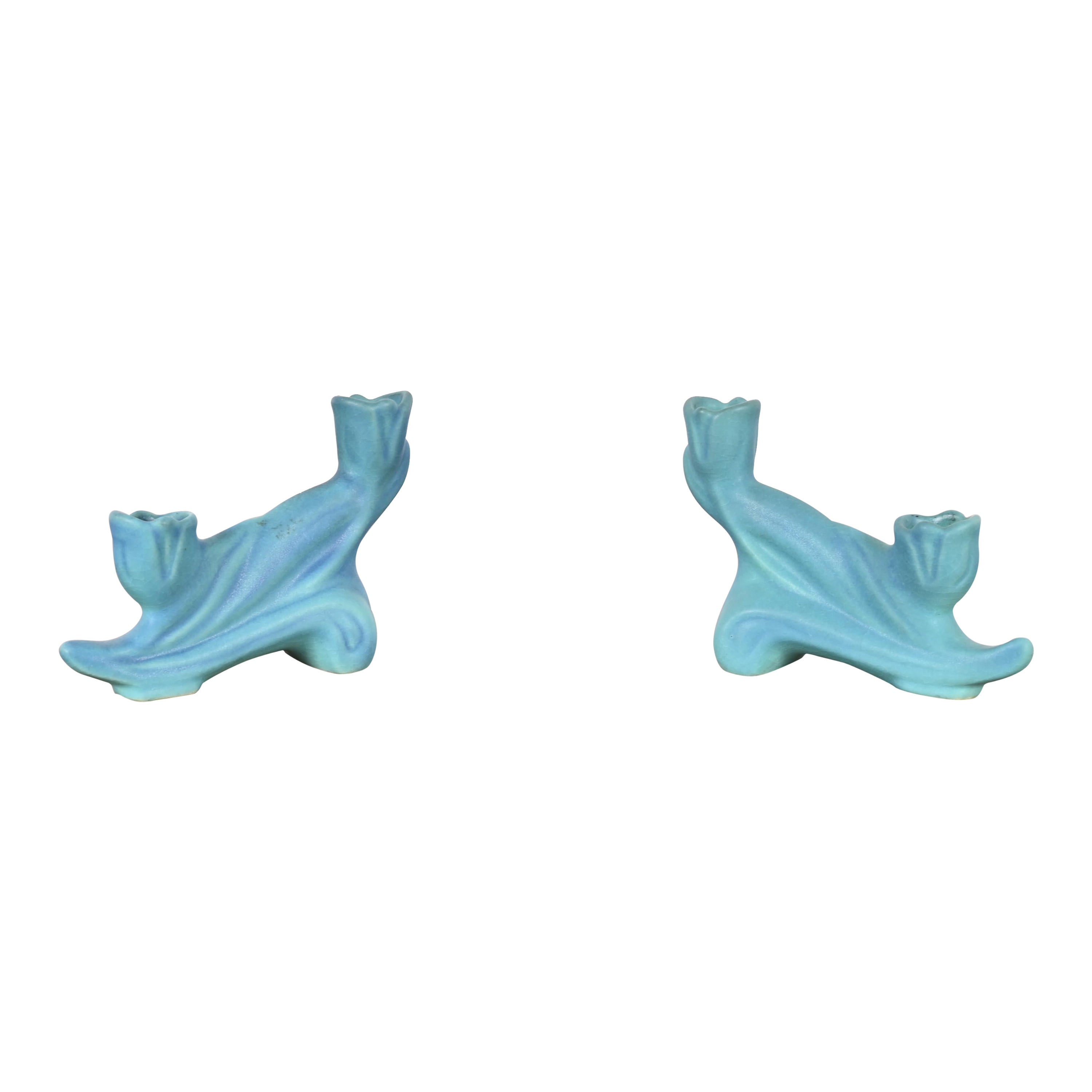 Van Briggle Arts & Crafts Candeleros de cerámica esmaltada turquesa, Pareja