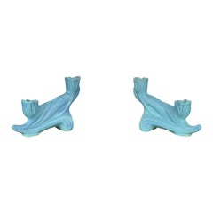 Van Briggle Arts & Crafts Turquoise Glazed Ceramic Candlesticks, Pair