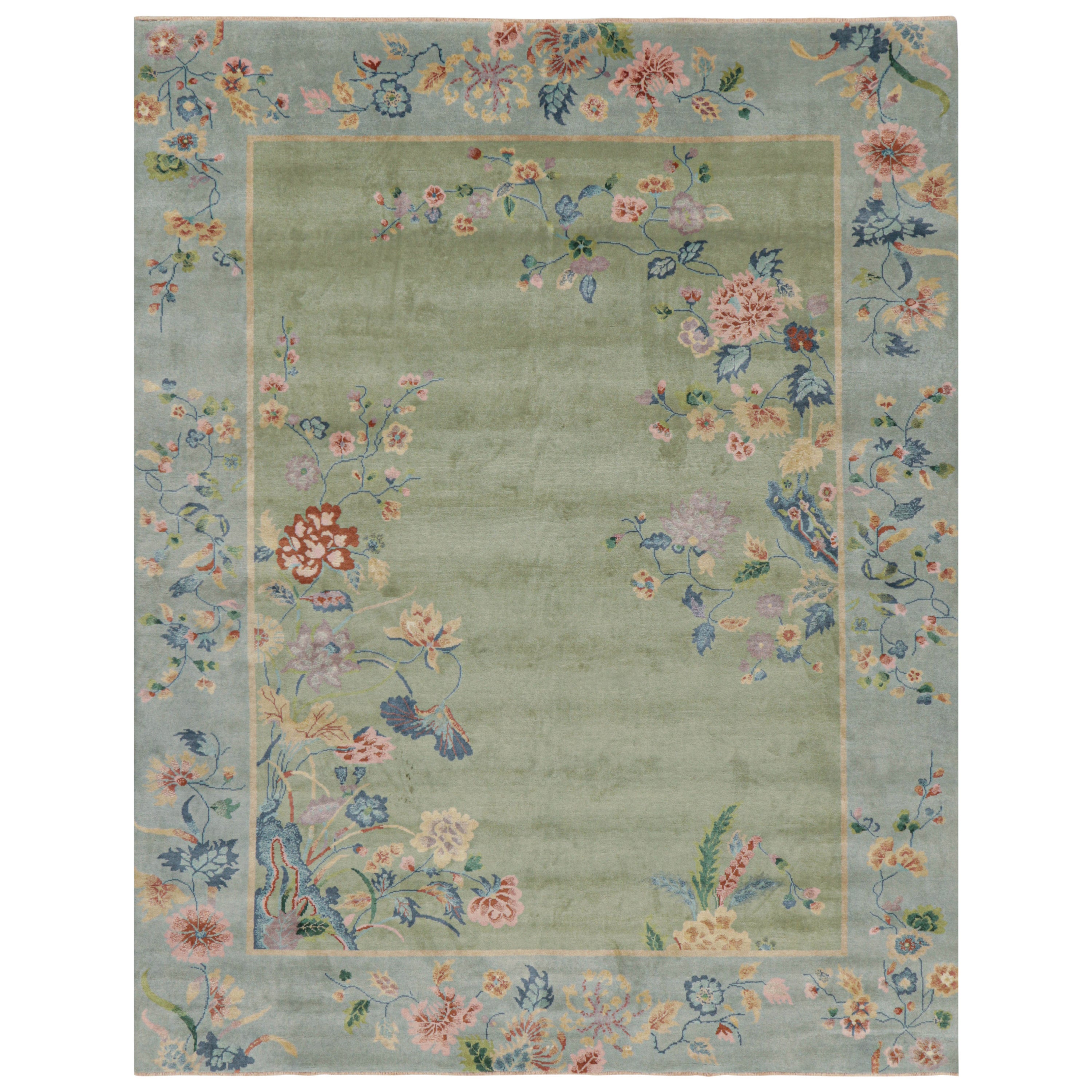 Rug & Kilim’s Chinese Art Deco Style Floral Rug in Green and Blue