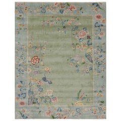 Rug & Kilim’s Chinese Art Deco Style Floral Rug in Green and Blue
