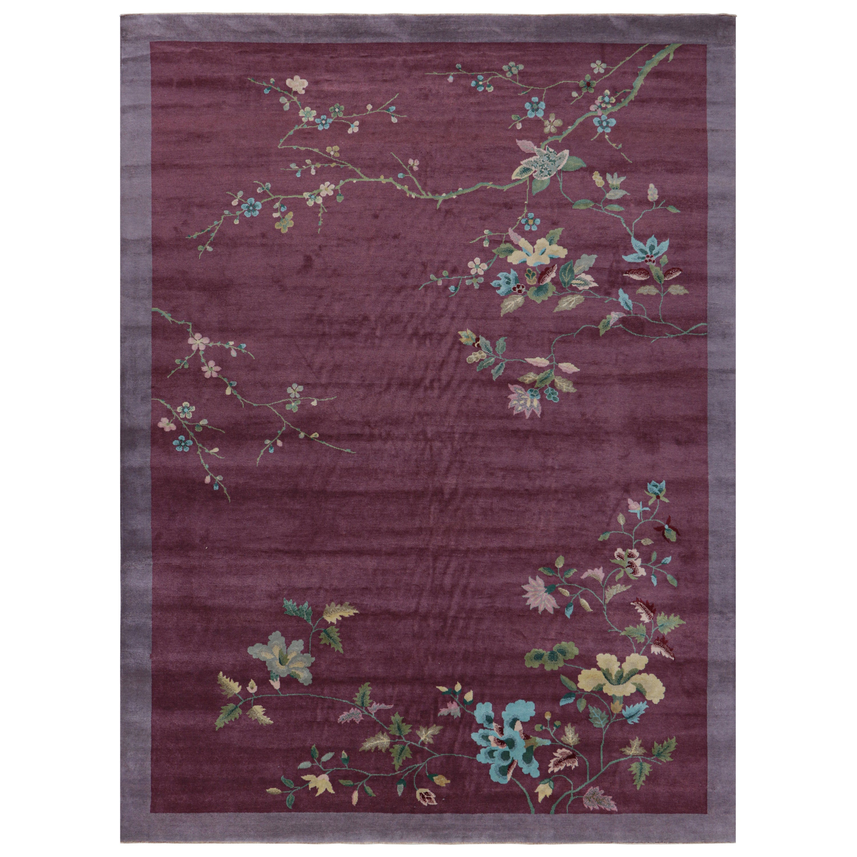 Rug & Kilim’s Chinese Art Deco Style Rug in Purple with Colorful Floral Patterns For Sale