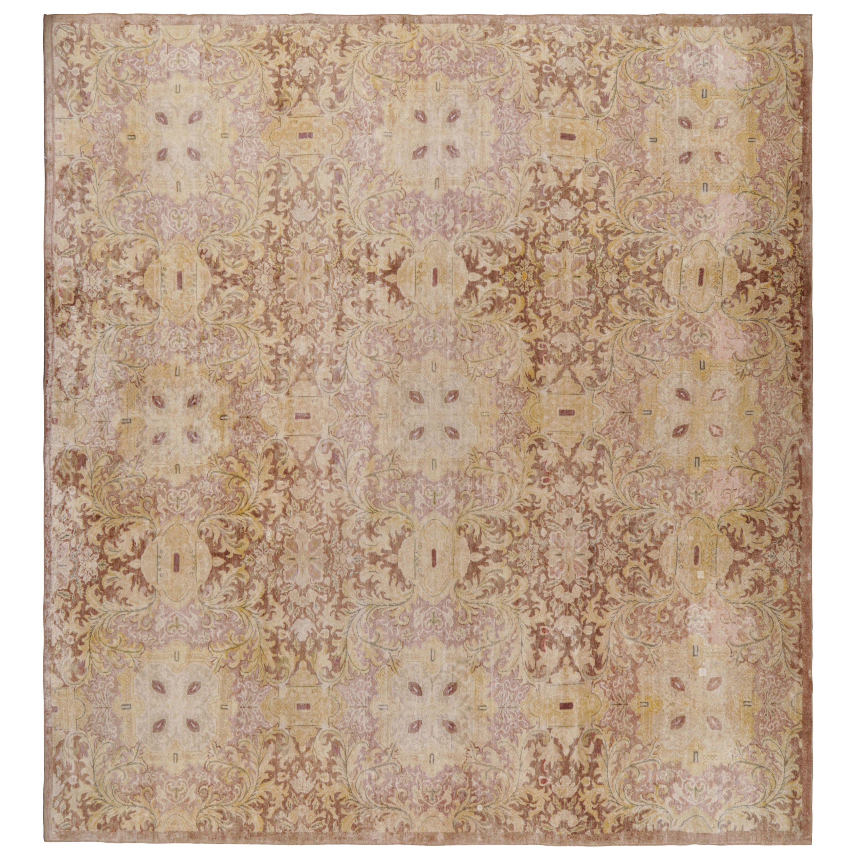 Oversized Rug & Kilim’s European Style Square Rug with BeigeBrown Florals For Sale