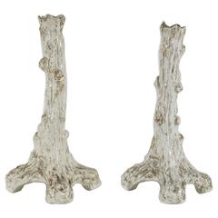 Antique Pair of Sitzendorf Faux Bois Porcelain Candlesticks