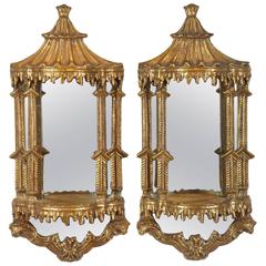 Pair of Gilded Pagoda Wall Brackets with Mirrored Backs