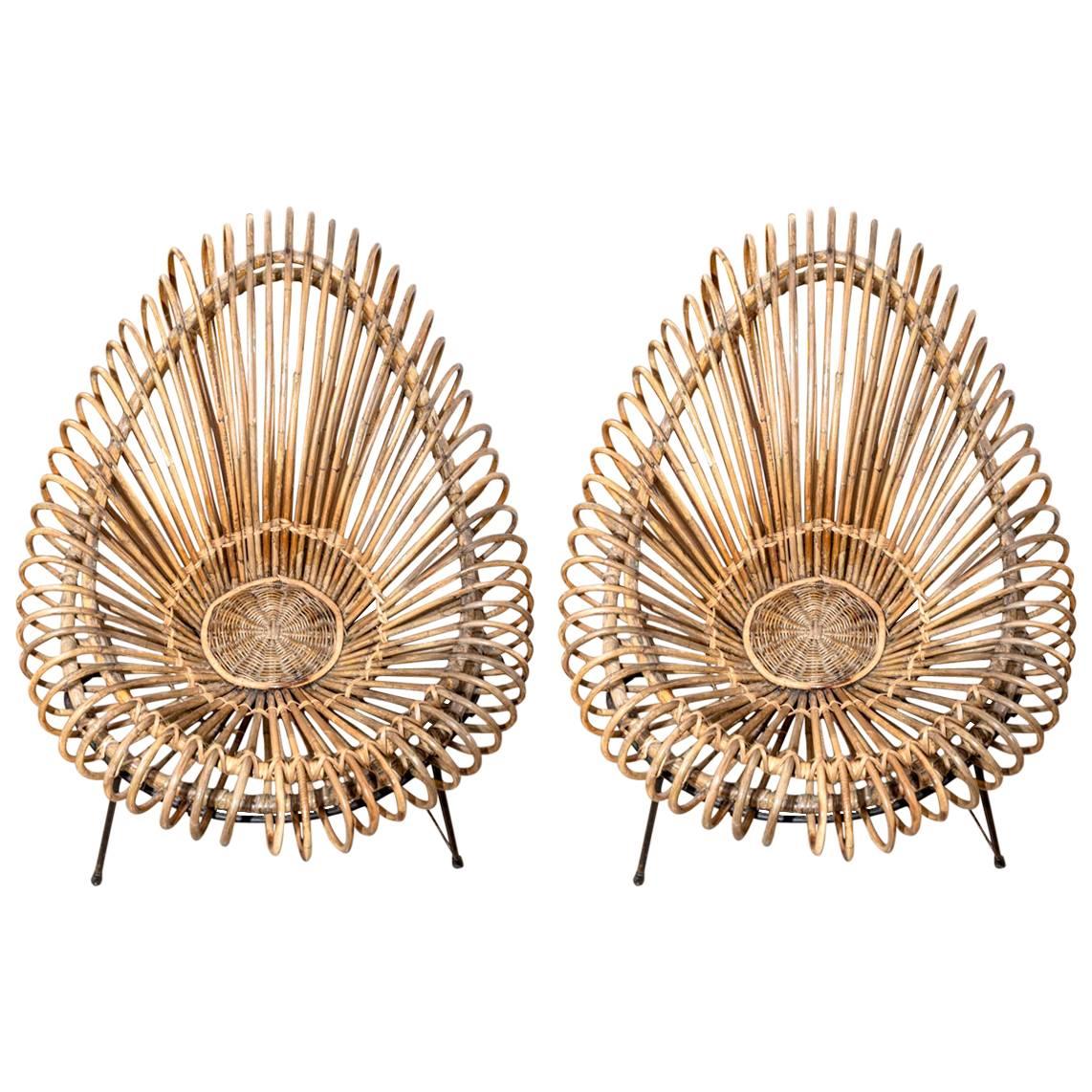 Pair of Rattan Chairs with Metal Bases For Sale at 1stDibs