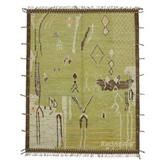 Modern Handmade Light Green Ground Moroccan Rug with Brown Border. 100% Wool