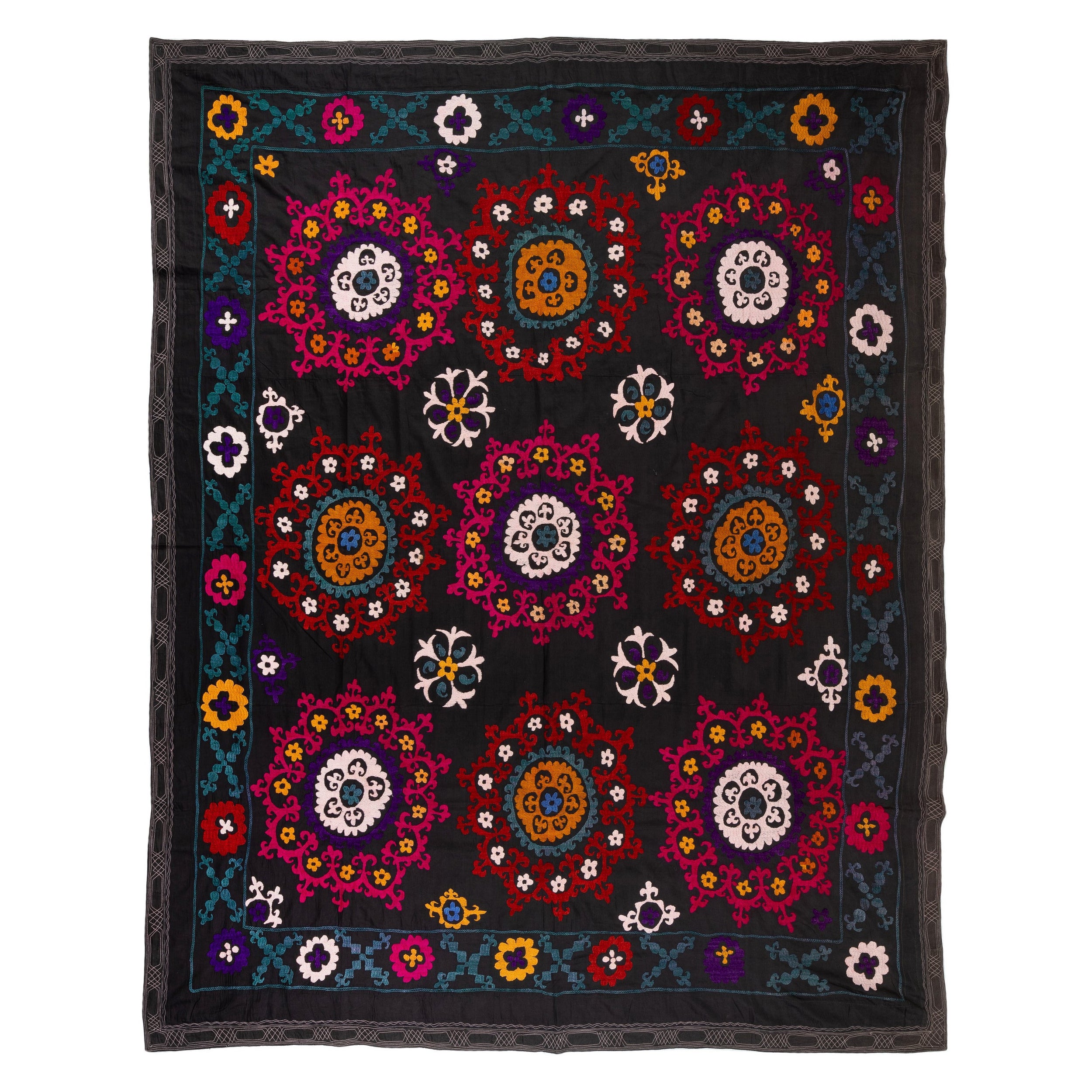 6.4x7.8 Ft Seidenstickerei Bettdecke. Schwarzer Wandbehang. Tischdecke in Handarbeit