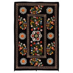 4.4x6.7 Ft Silk Embroidery Suzani Bed Cover, Black Wall Hanging, Floral Tapestry