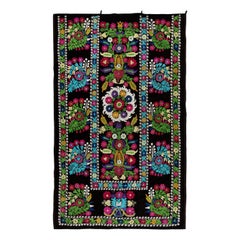Vintage 4.6x7.3 ft Silk Embroidery Wall Hanging, Black Floral Design Tapestry, Bedspread