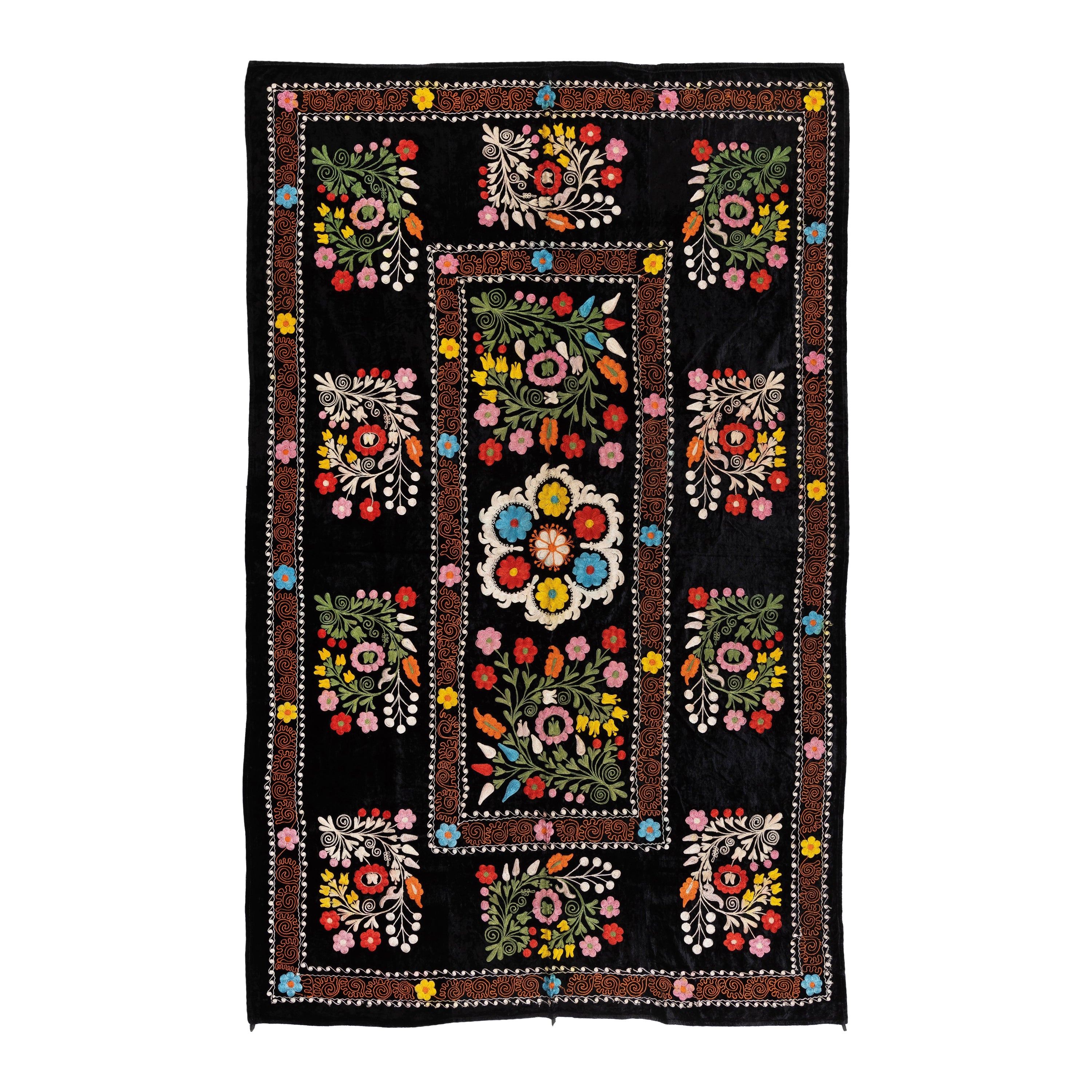 4.2x6.6 Ft Silk Embroidered Bed Cover, Uzbek Black Tapestry, Floral Wall Hanging