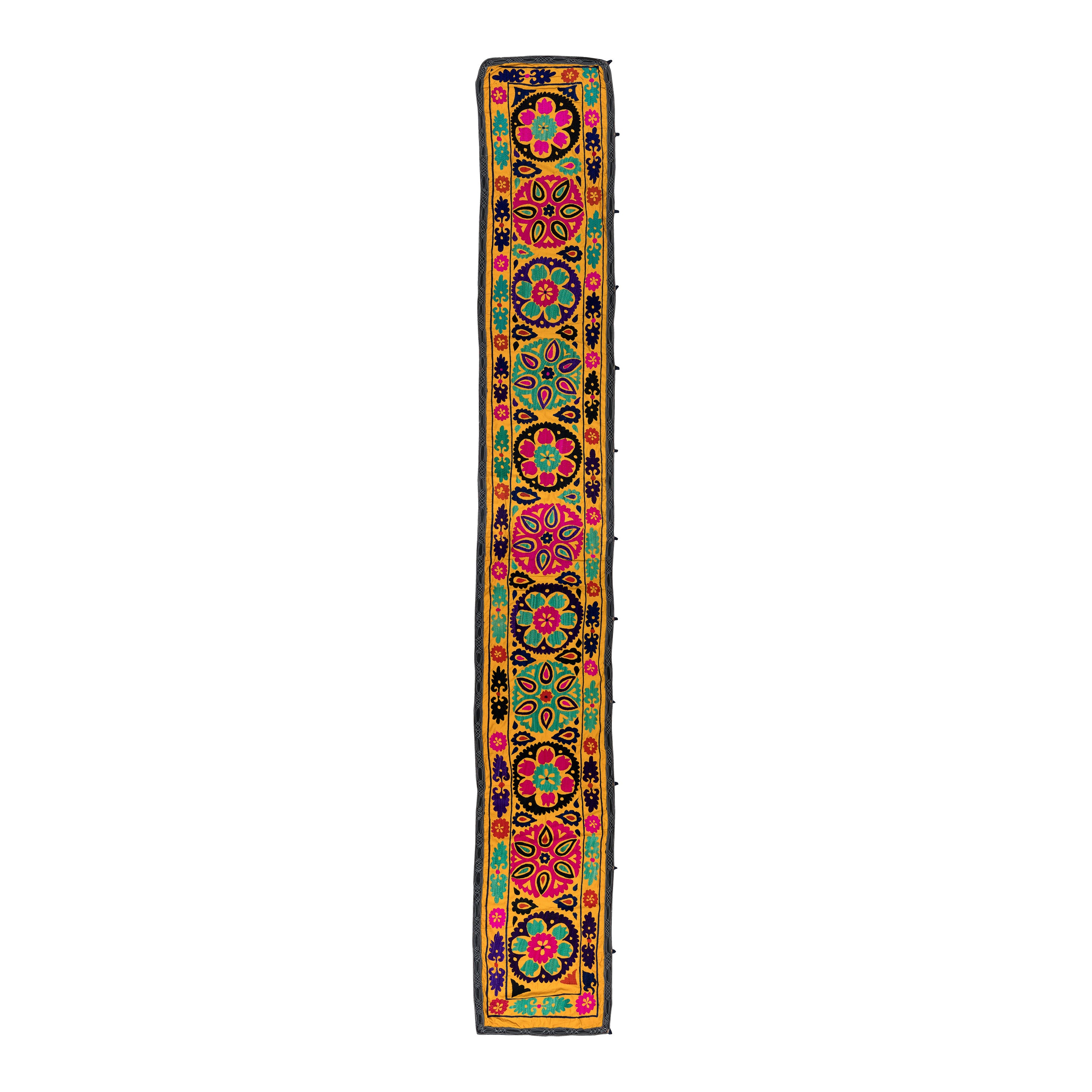 2x14.6 Ft Vintage Silk Hand Embroidery Wall Hanging. Yellow Suzani Table Runner