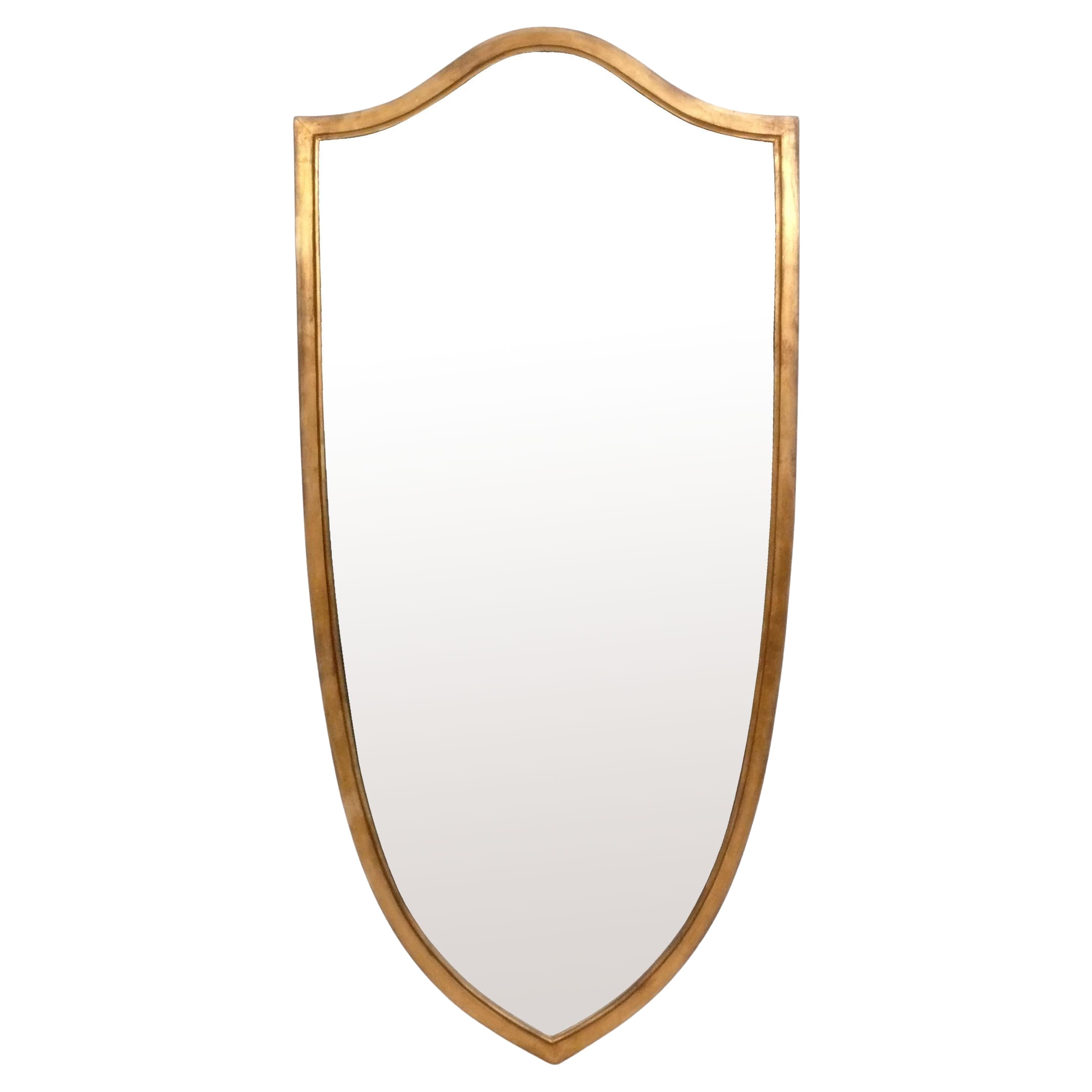 Large Gilt Shield Form Beveled Mirror 57"H x 27"W For Sale
