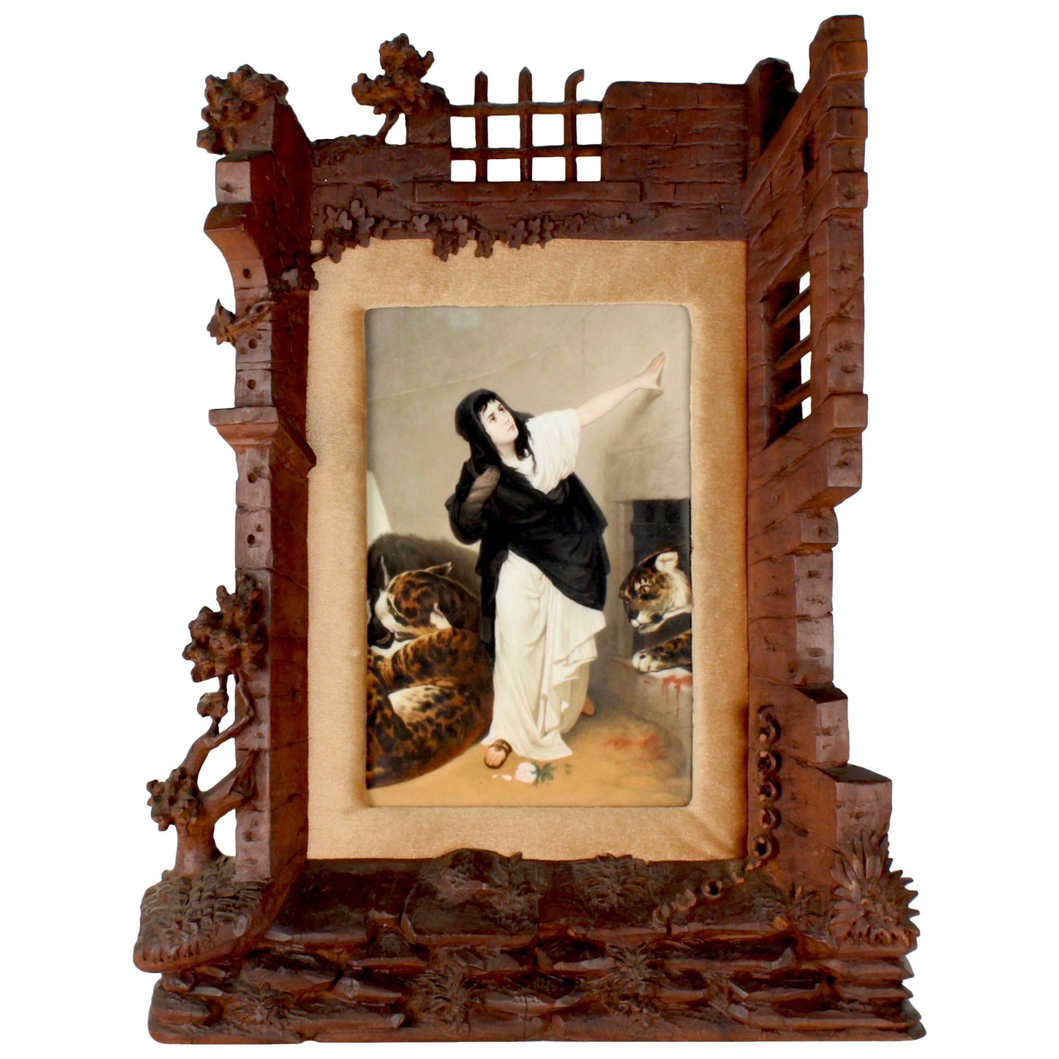 19th Century German Porcelain Plaque of Euphemia in a Carved Black Forest Frame