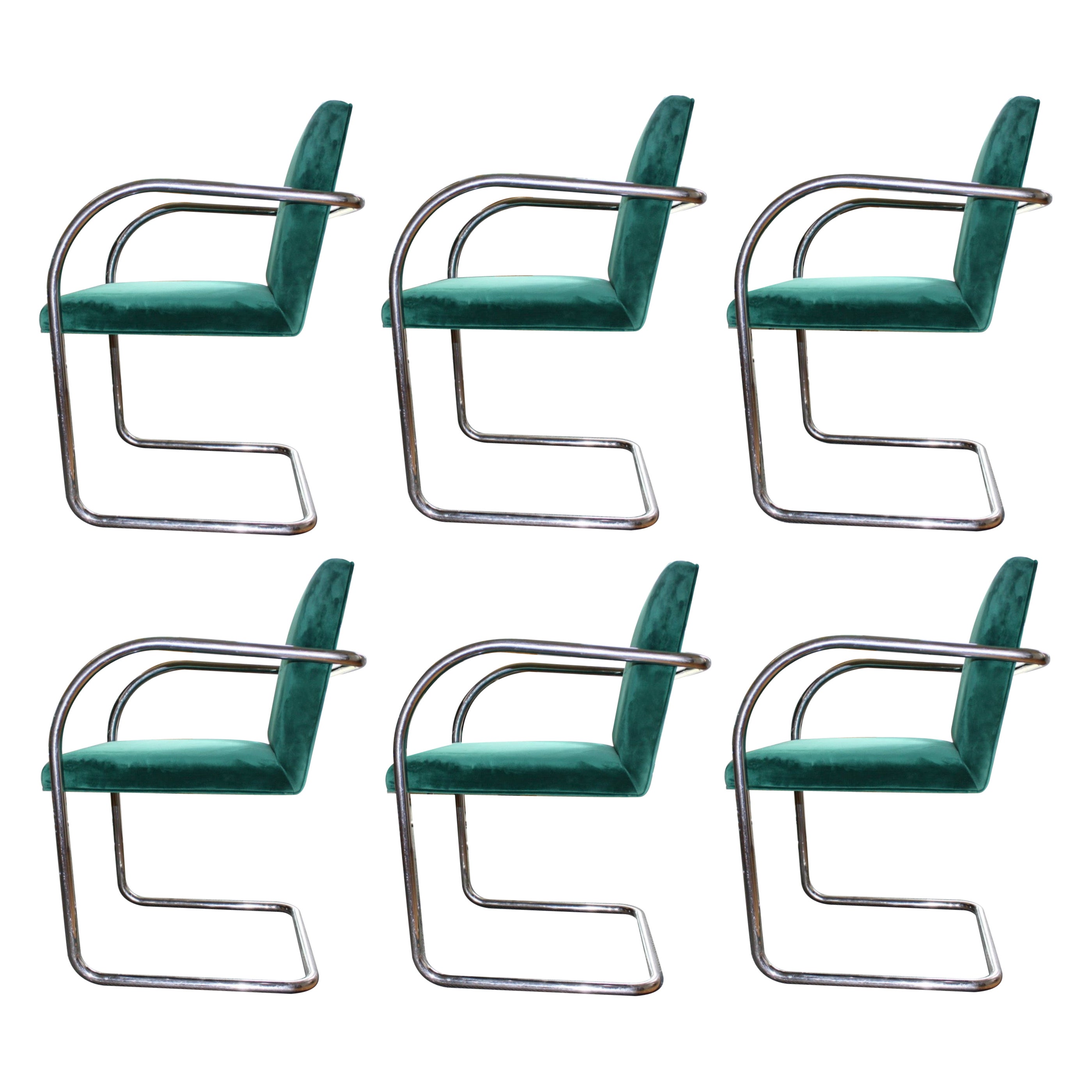 (6) Green Velvet Knoll + Thonet Chrome Brno Cantilevered Chairs