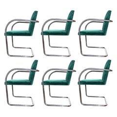 (6) Green Velvet Knoll + Thonet Chrome Brno Cantilevered Chairs