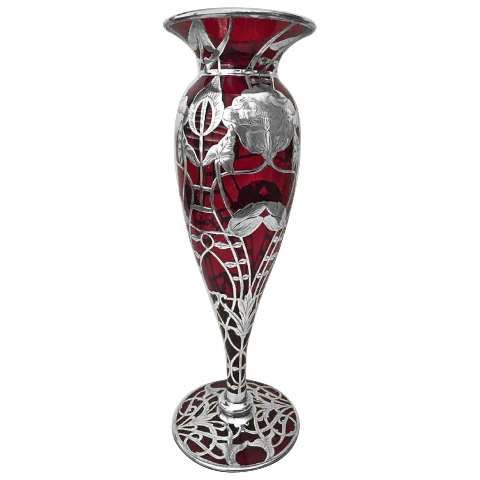 Art Nouveau Sterling Silver Overlay Vase with Ruby Glass, 19th Century For Sale