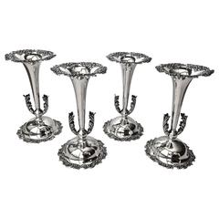 Antique American Sterling Silver Set of Four Vases by Mouser N.Y. circa 1900, Rare