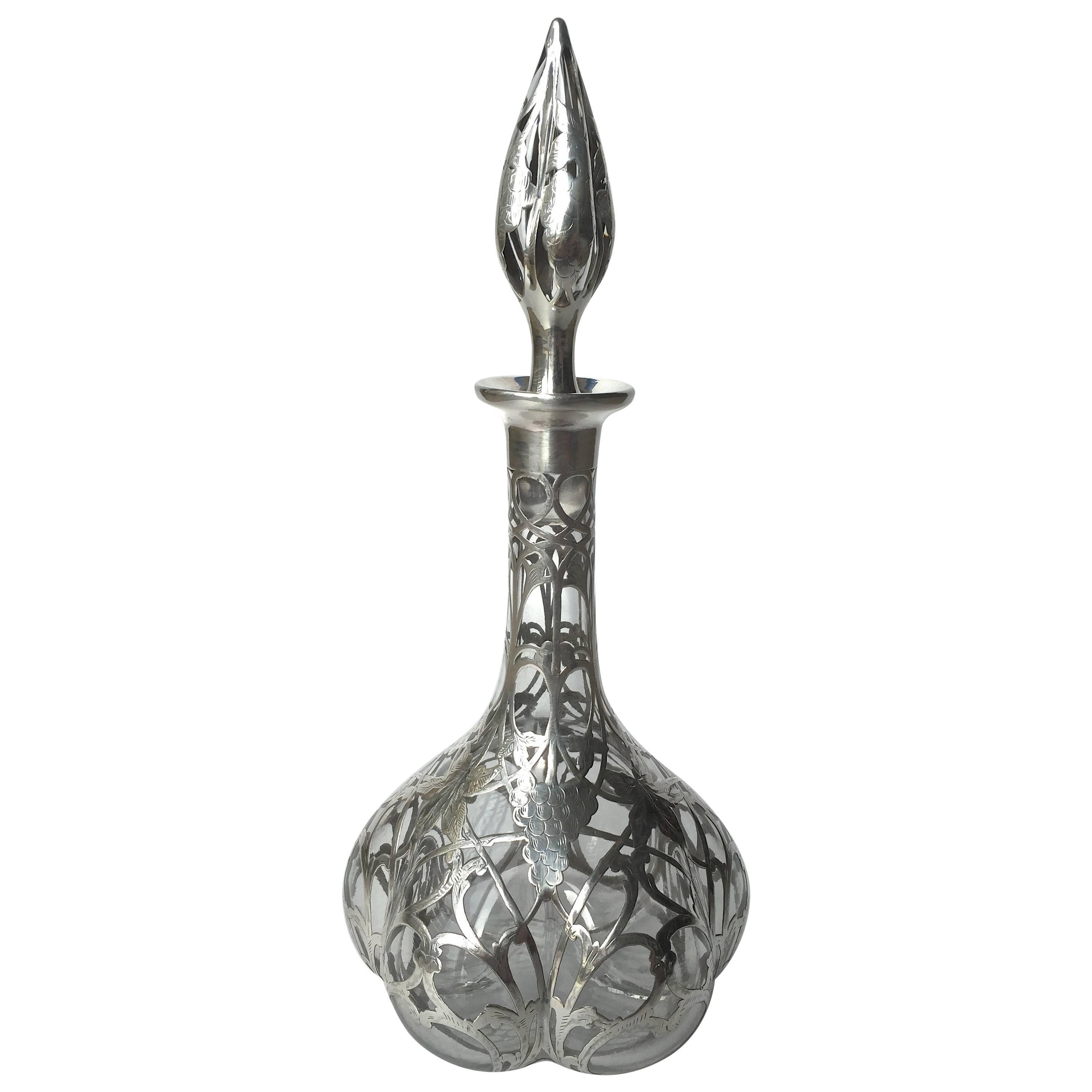Art Nouveau Sterling Silver Overlay Steuben Clear Glass Decanter, circa 1900 For Sale