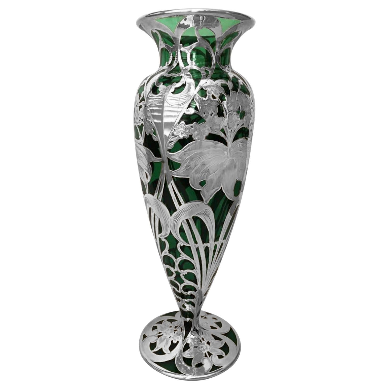 Large American Art Nouveau Sterling Silver Overlay Vase, circa 1900 For Sale