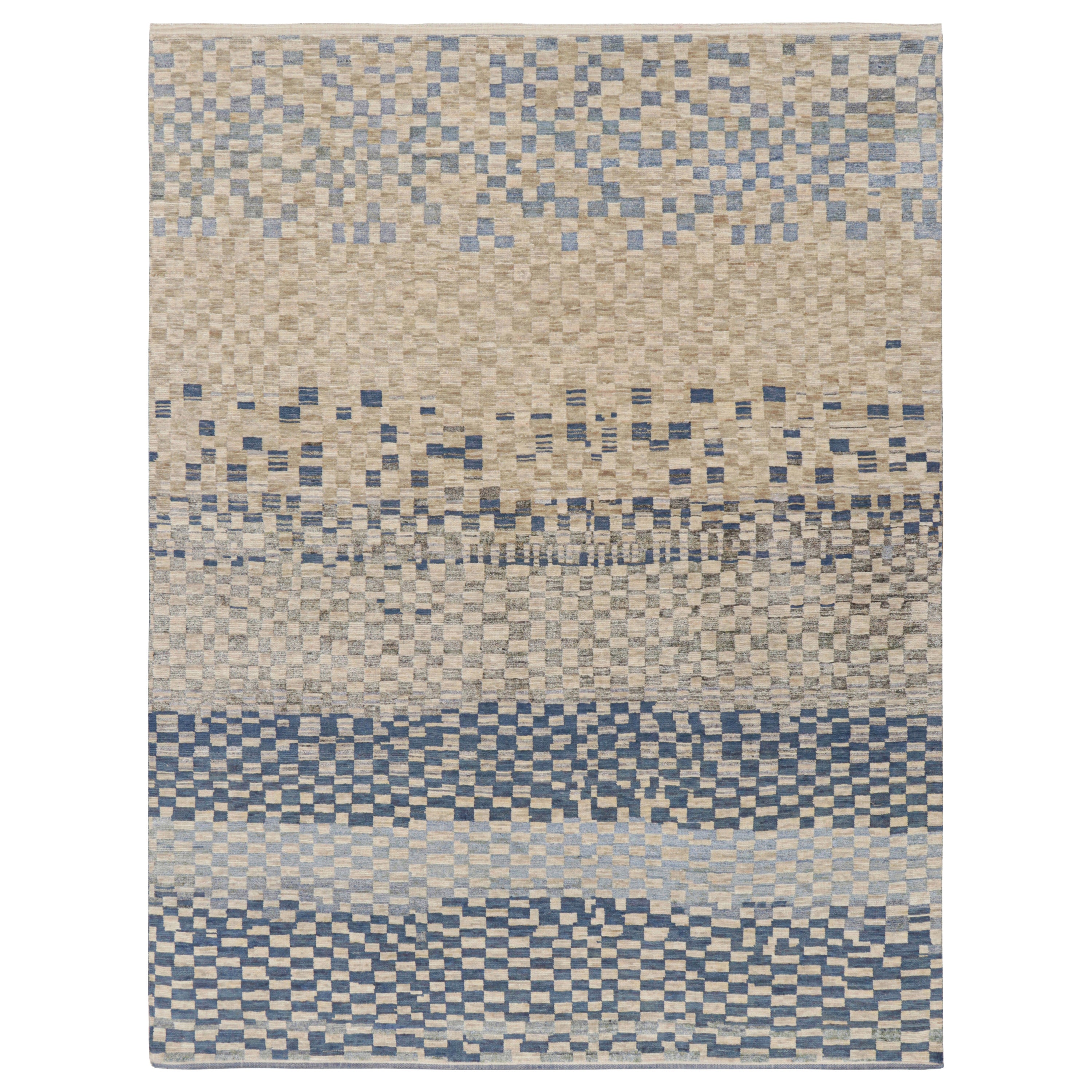 Rug & Kilim’s Custom Moroccan Style rug in Blue, Gray & Beige Geometric Patterns For Sale
