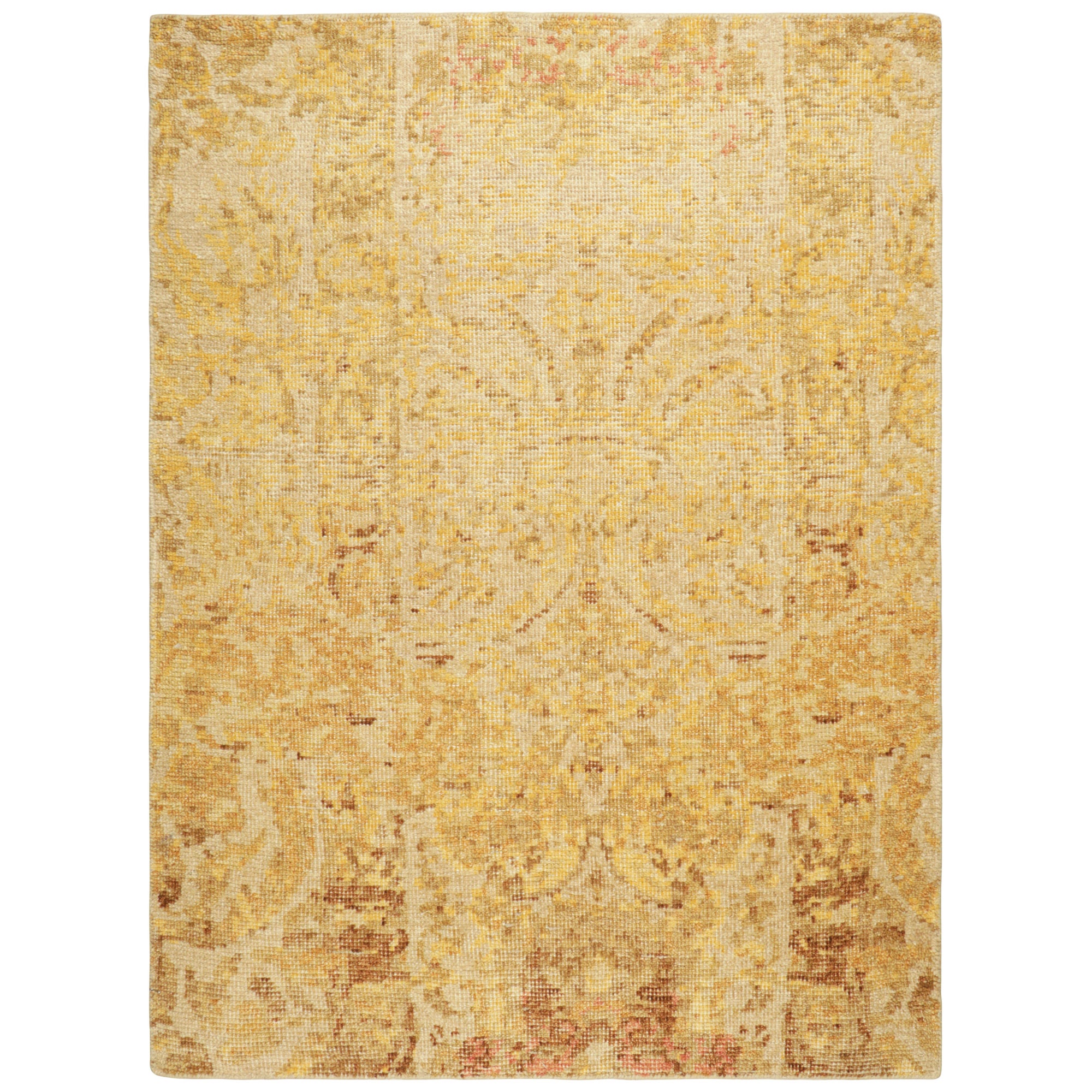 Rug & Kilim’s Distressed European Square Rug in Beige-brown & Gold Florals For Sale