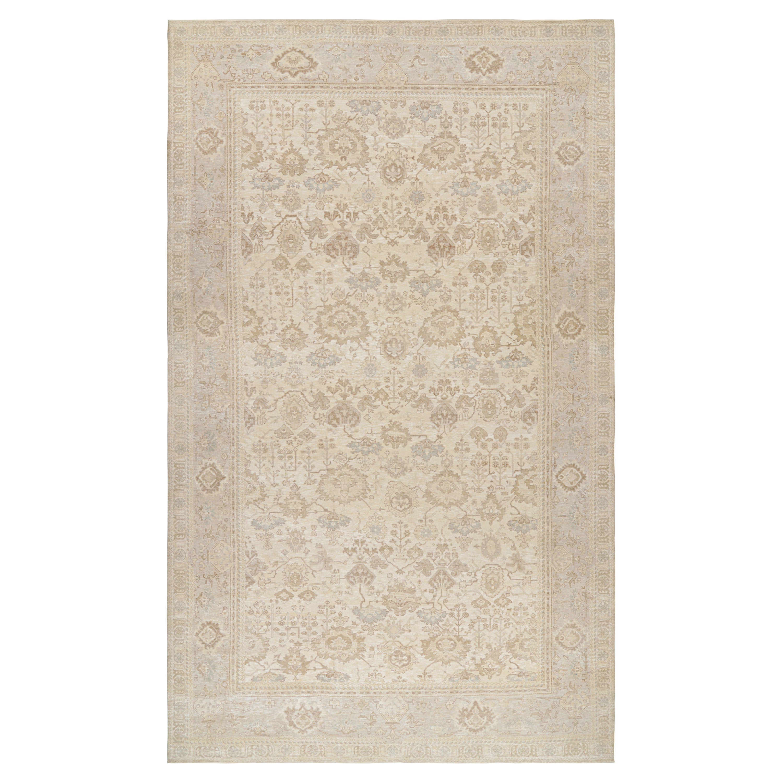 Rug & Kilim’s Oversized Oushak Style Rug in Beige, Cream and Blue Floral Pattern